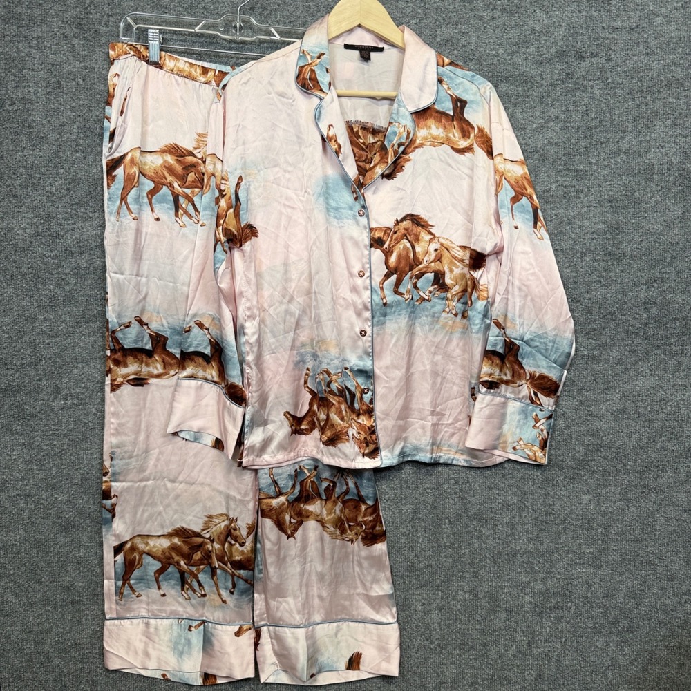 Midnight Bakery Medium Pajamas Loungewear Set Pink Wild Horses Satin Long Sleeve